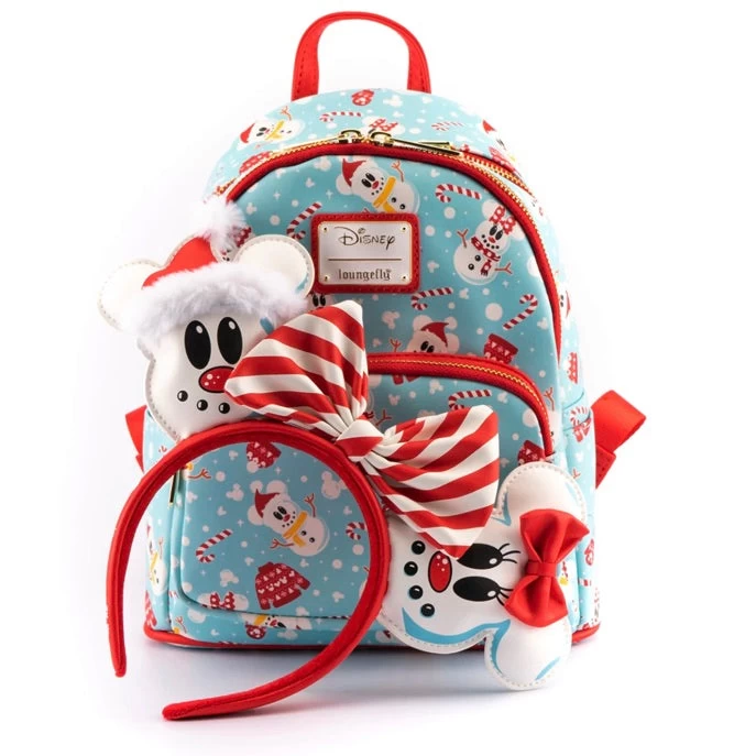 Loungefly Disney Minnie Mickey Snowman AOP Mini Backpack Headband Set 1 Loungefly Disney Minnie Mickey Snowman AOP Mini Backpack Headband Set